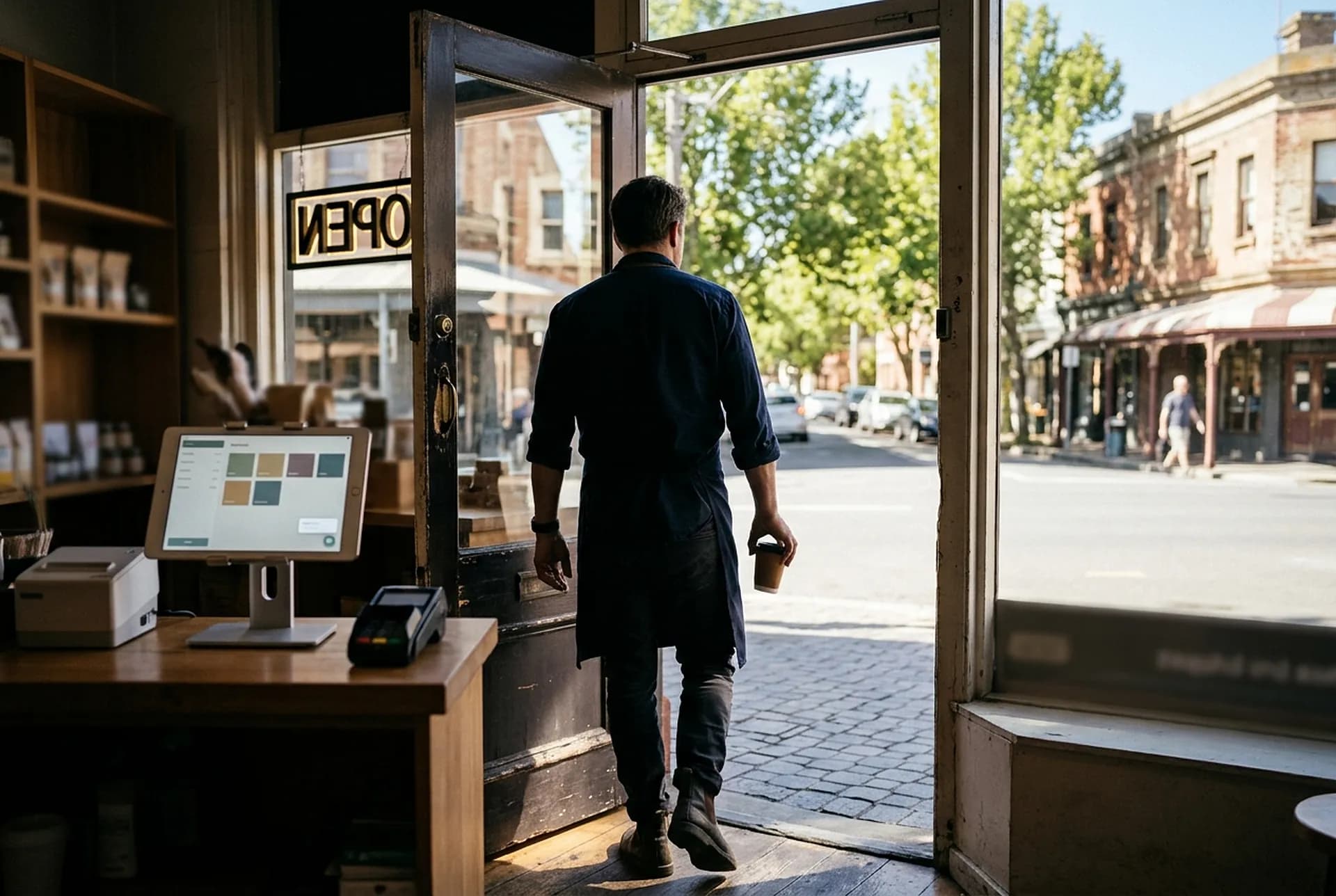 A small-business owner stepping out of their shop into bright late-morning light with a coffee, the open sign still lit behind them and a tablet on the counter quietly showing a dashboard and a chat bubble