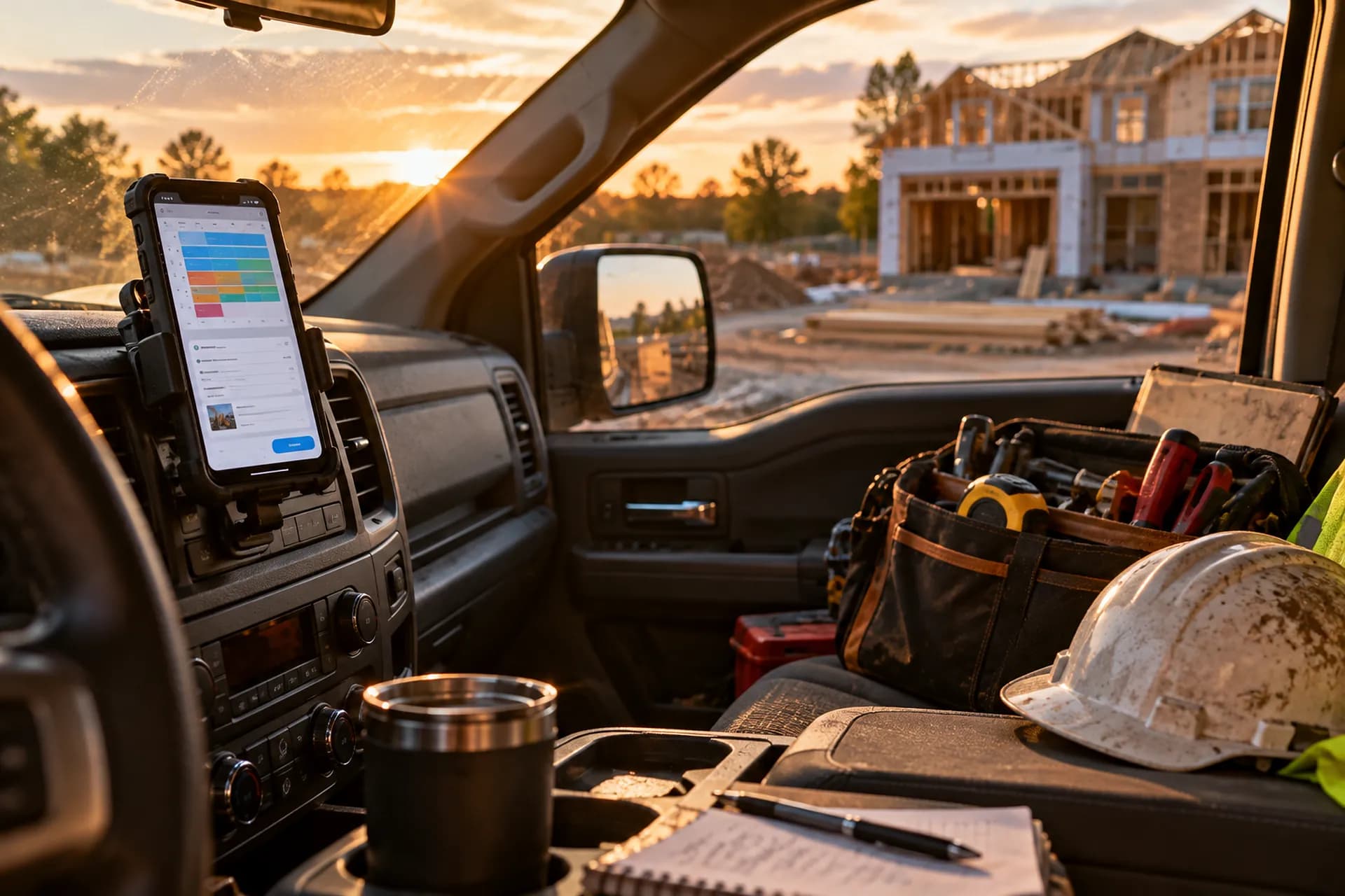 Inside a contractor's pickup cab at the end of the day: a phone in a dash mount showing a schedule of jobs and a drafted quote, a tool bag and hard hat on the seat, a half-built house in the evening light