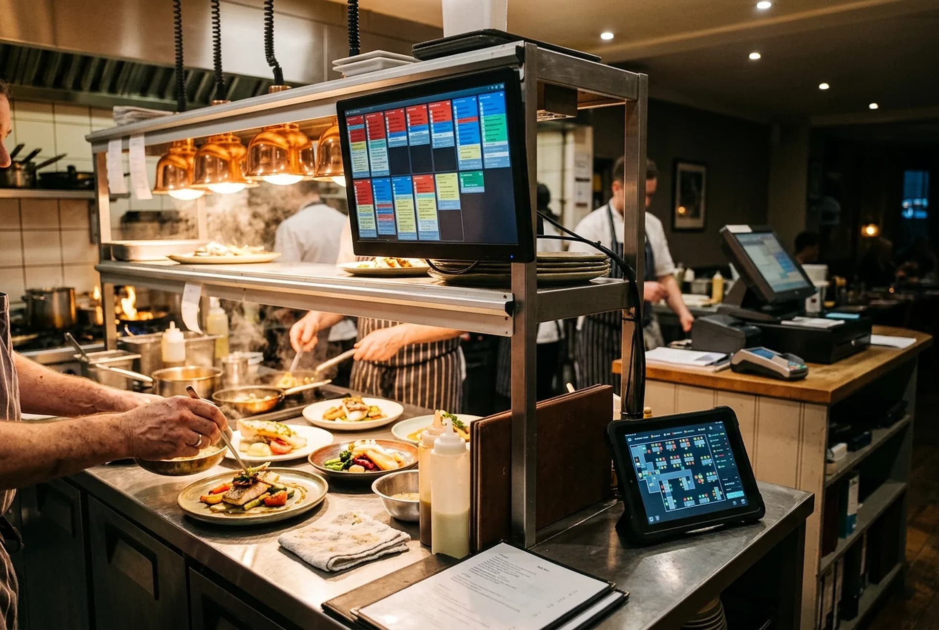 The pass of a small restaurant kitchen: a kitchen display screen with colour-coded tickets, a till with a card reader beyond, a tablet showing a table map with bookings, a cook plating under heat lamps