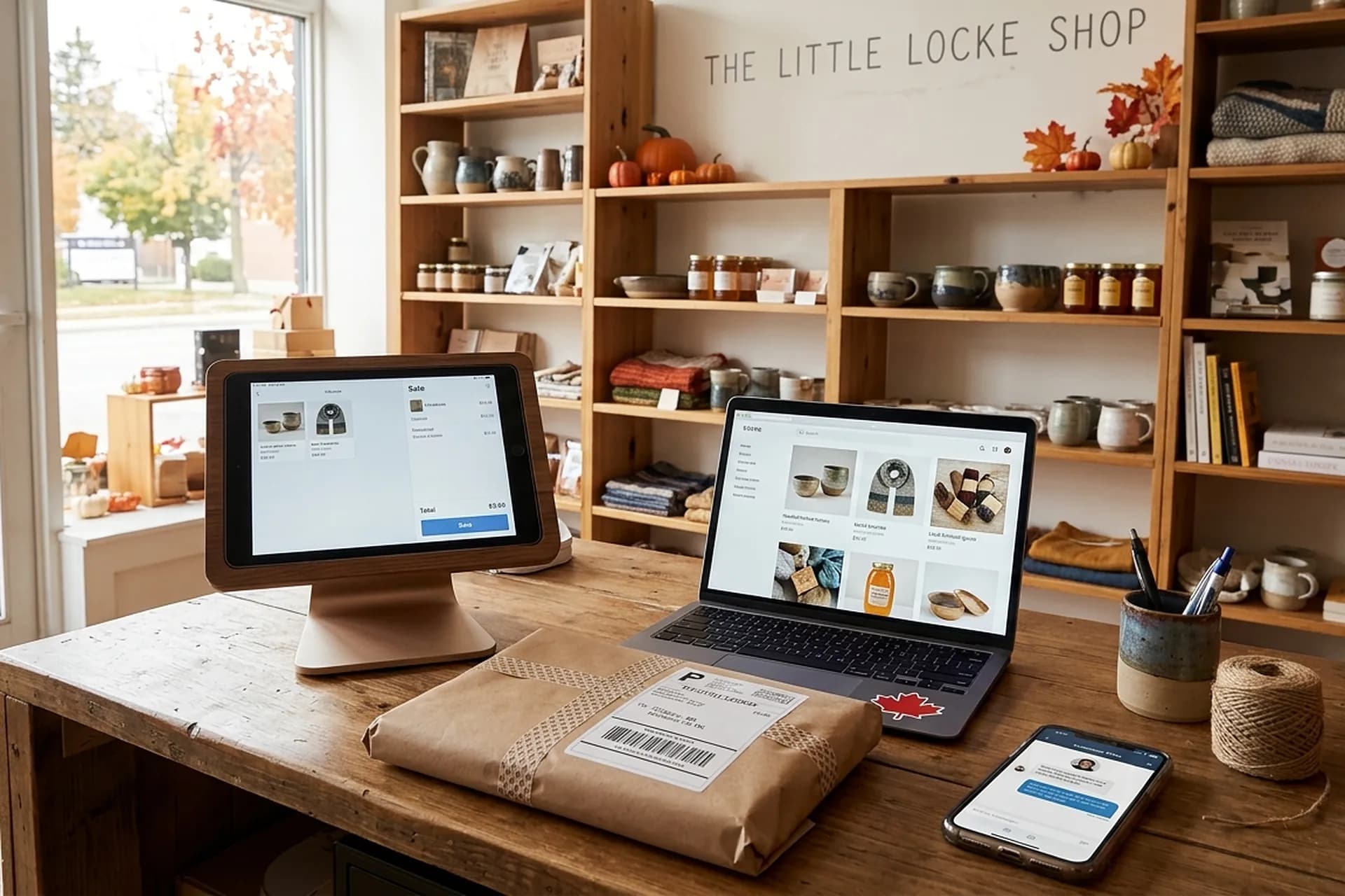 The counter of a small independent shop: a point-of-sale tablet on a stand, a laptop open to an online store with the same products, shelves behind with a few low-stock gaps, a parcel packed for shipping