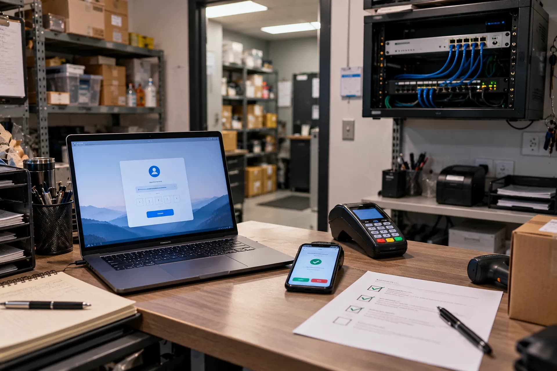A small shop's back office: a laptop at a sign-in screen with a two-factor prompt, a phone showing an approval notification, a card terminal and a small wall rack with a firewall